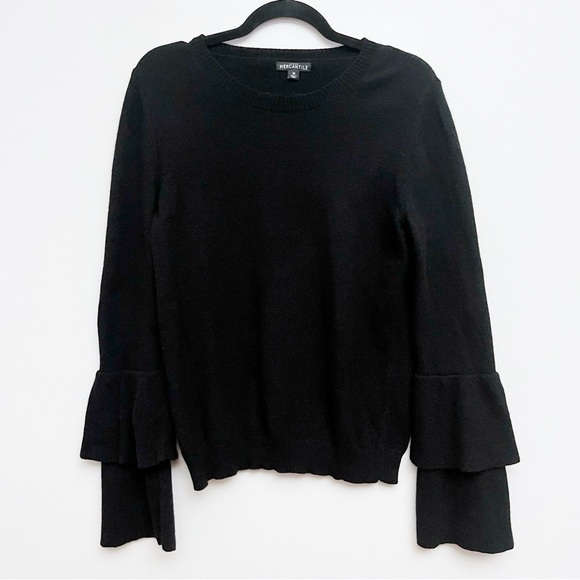 J. Crew Women’s Medium Black Wool Blend Tiered Ruffle Sleeve Crewneck Sweater - Picture 1 of 10